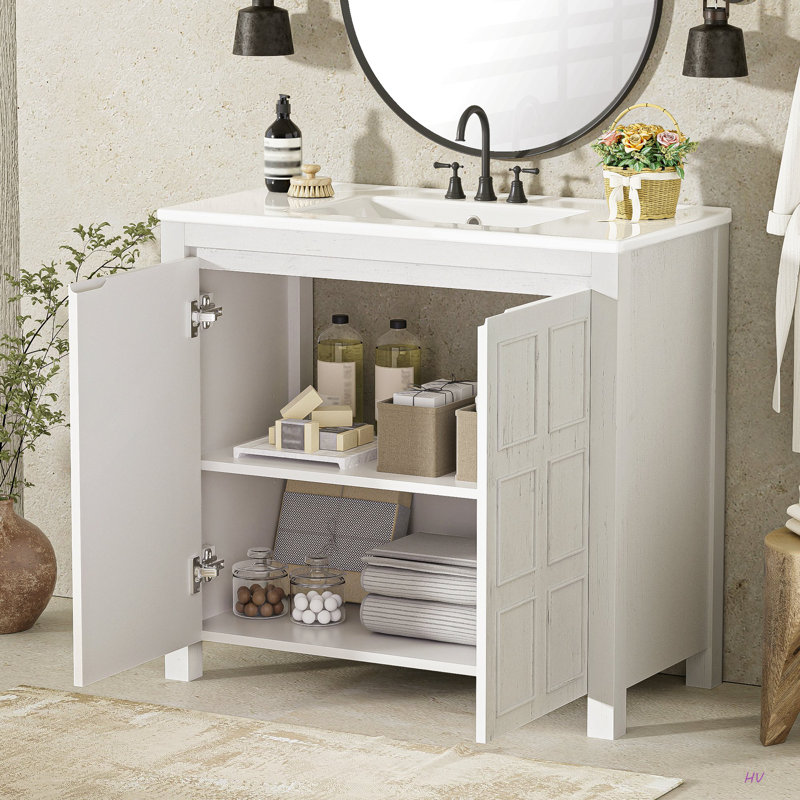 36 " Bathroom Vanity Organizer With Ceramic Sink, Set Bathroom Storage Cabinet, Antique White