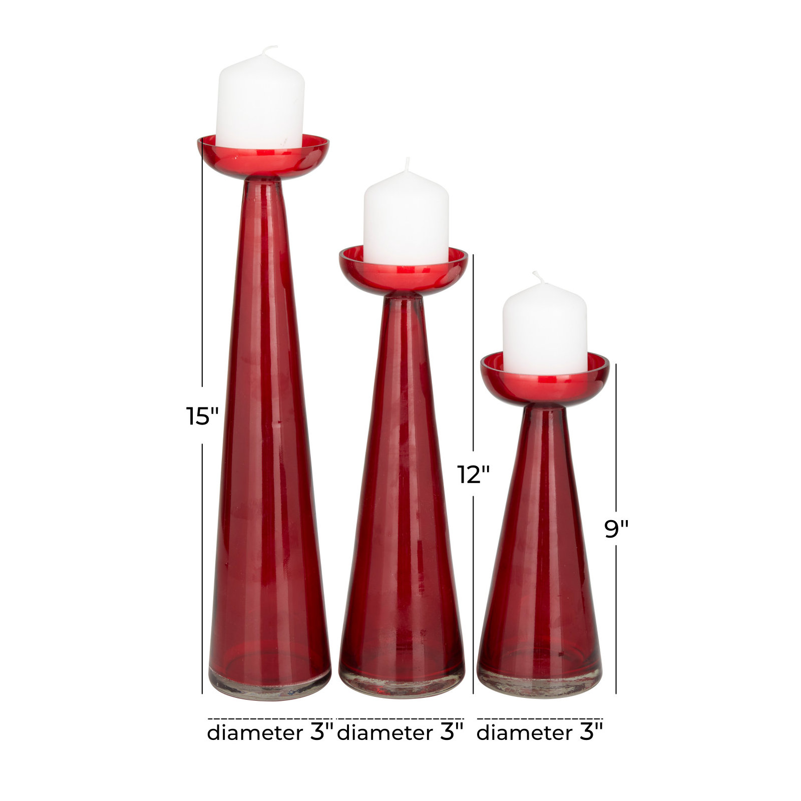 3 Piece Glass Tabletop Candlestick Set, Red