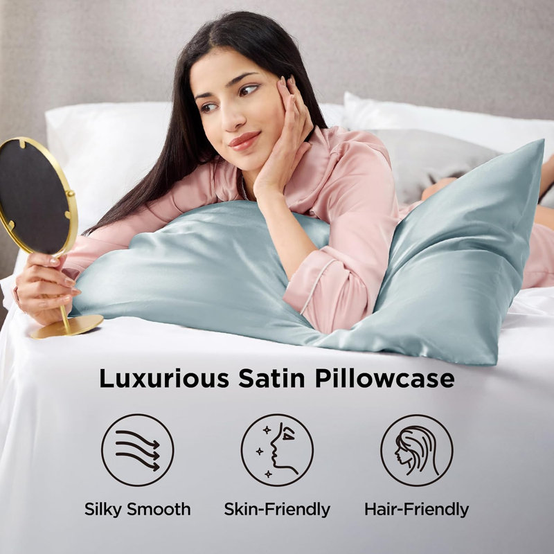 Satin Pillowcase Set of 2, 300 Thread Count , Gray Sand,GentleSoft™️, Standard Pillow Case,     Aqua