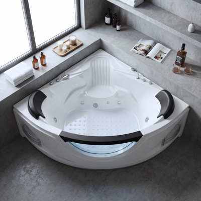Baignoire tourbillon de coin de 59 po avec 6 jets d'hydromassage, lumières DEL de chromothérapie et système de réglage pneumatique, pompe à eau certifiée UL, égouttoir certifié UPC pour 2 personnes
