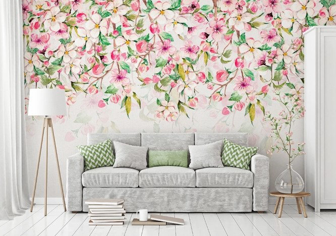 Papier peint floral aquarelle fleurs de cerisier rose vert, L 37 po x l 56 po