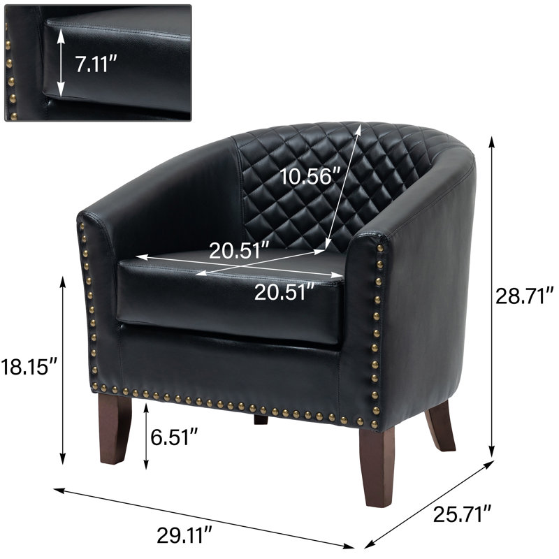 Upholstered Black Faux Leather Tufted Barrel Small Swivel Chair with Nailhead Trim, Black