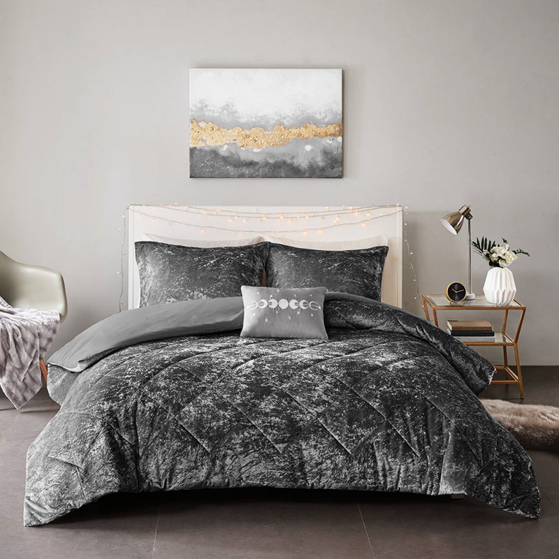 Housse de couette en velours gris double / grand, avec coussin de broderie, design luxueux, lavable à la machine, housse, 2 taies décoratives, 1 plateau de literie et fermeture à boutons