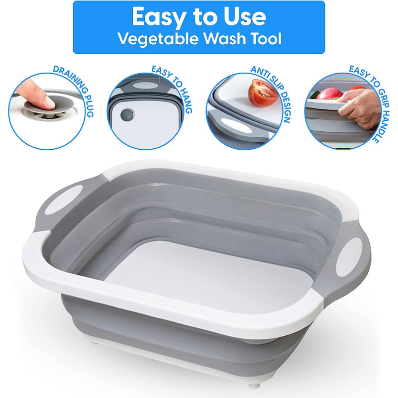 Gray and White Foldable Plastic Chopping Board with Draining Plug