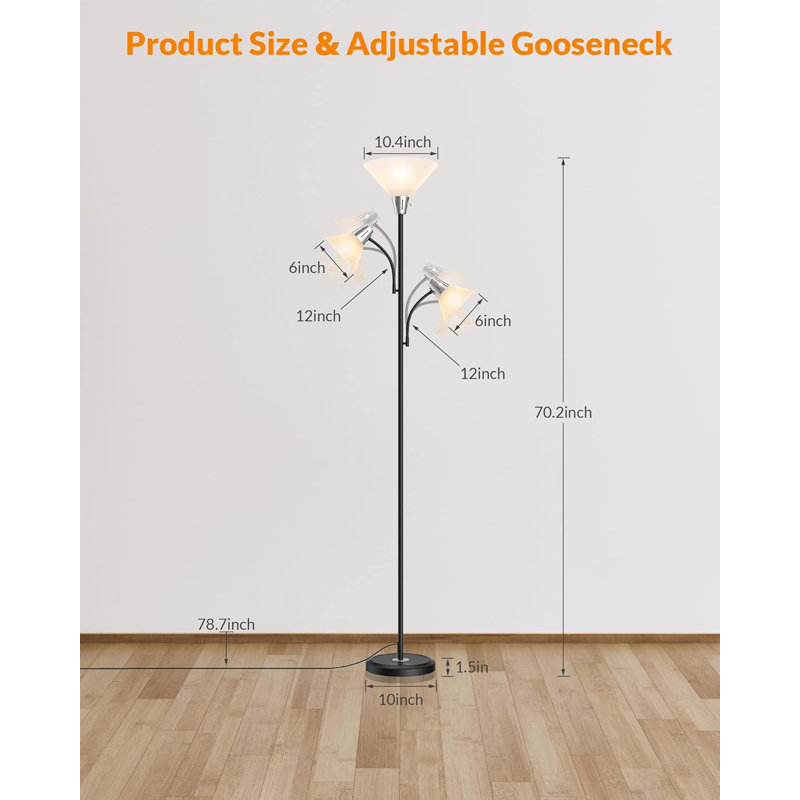 3-head Led Floor Lamp With Adjustable Reading Lights, 3000k Warm White, Modern Standing Lamp For Living Room, Bedroom, Office, Black