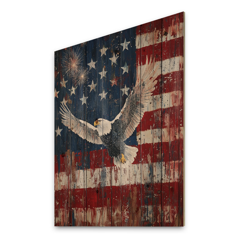 Patriotism Eagle And USA Flag Scenery IV - Eagle Animal Wood Wall Art - On Natural Pine Wood, 32" H x 24" W x 0.78" D
