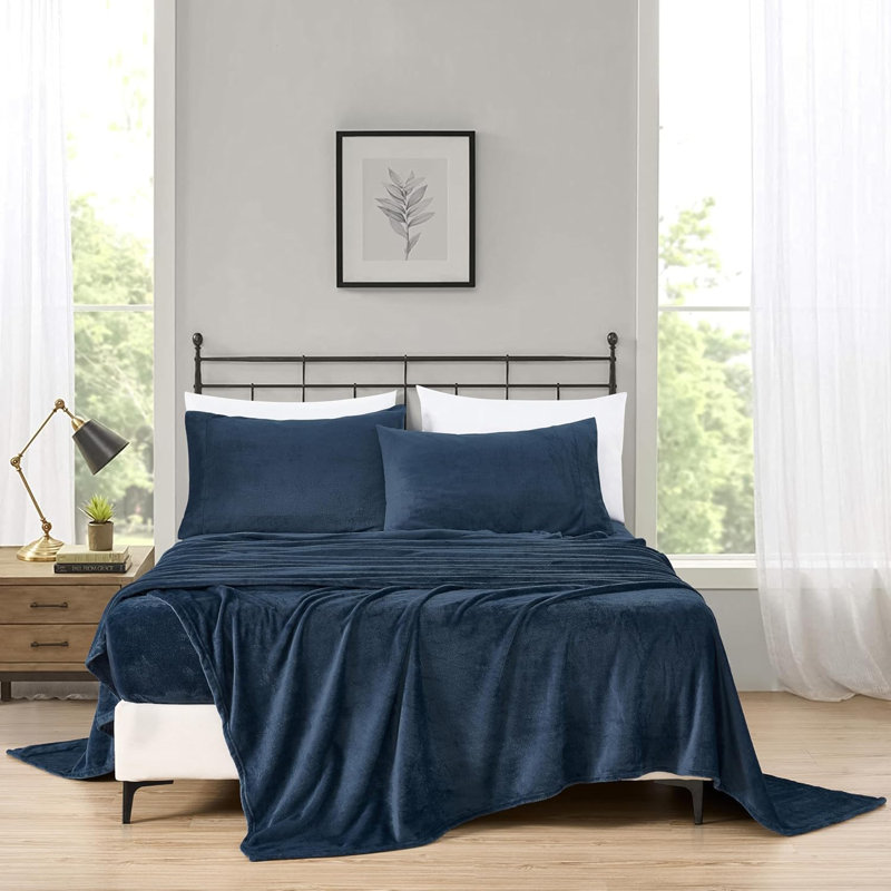 Soft Fleece Sheet Set, California King Sheet Set with 2 Pillowcases, Navy