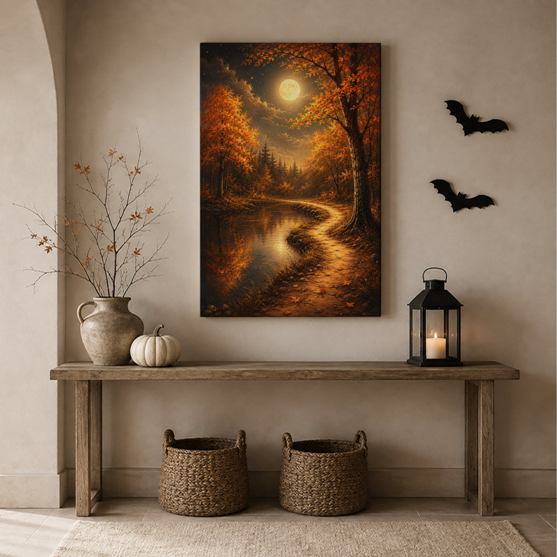 Automne, chemin forestier le long de la rivière au clair de lune sous Halloween, H 36 po x l 24 po