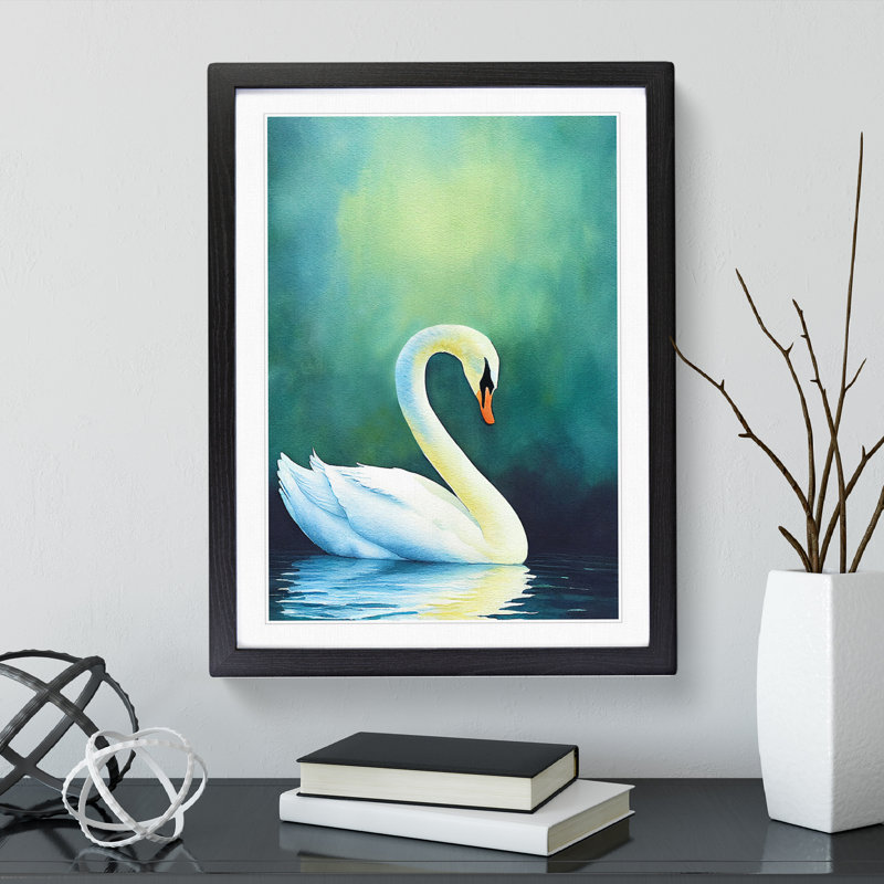 Watercolour Swan - Single Picture Frame Painting, 64cm H x 46cm W x 2cm D, Black