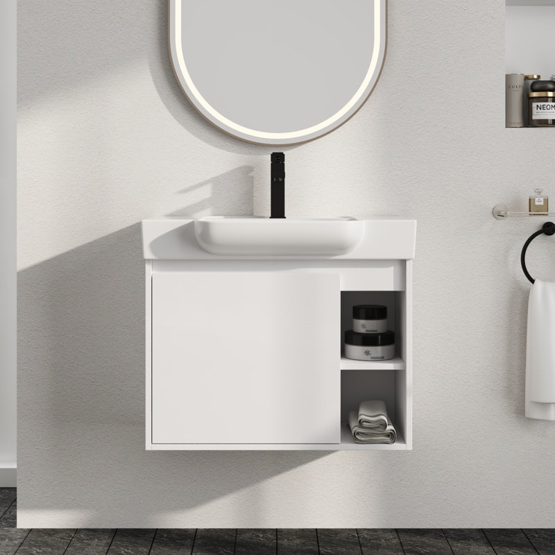 Meuble-lavabo simple Marnar 28 po avec comptoir en céramique, meuble-lavabo mural avec lavabo en céramique, Blanc, 28"
