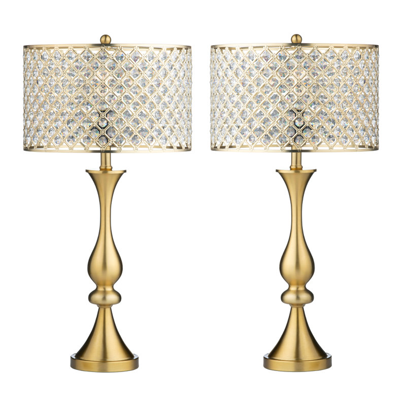 Brushed Gold Metal Table Lamp With Metal & Crystal Beaded Drum Shade