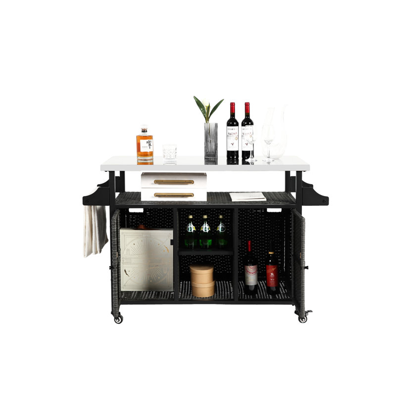 Grand chariot-bar gris avec rangement et table de travail fiable en acier inoxydable