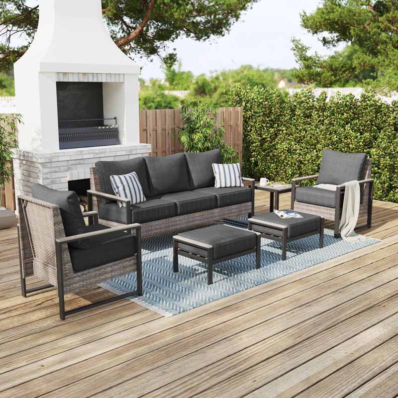 Ensemble de canapé de patio 6 pièces avec table d'appoint, canapé de conversation avec coussin, Noir gris