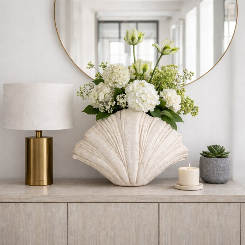 Decorative Scallop Shell Figurine Object for Home Decor - Coastal Modern Sculpture for Office, Table Decorations or Living Room - 22", White