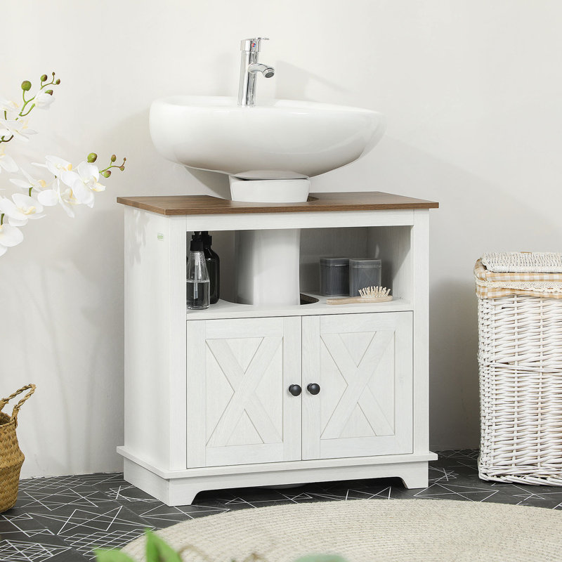 Armoire de salle de bain, meuble-lavabo à piédestal avec portes doubles et tablettes de rangement