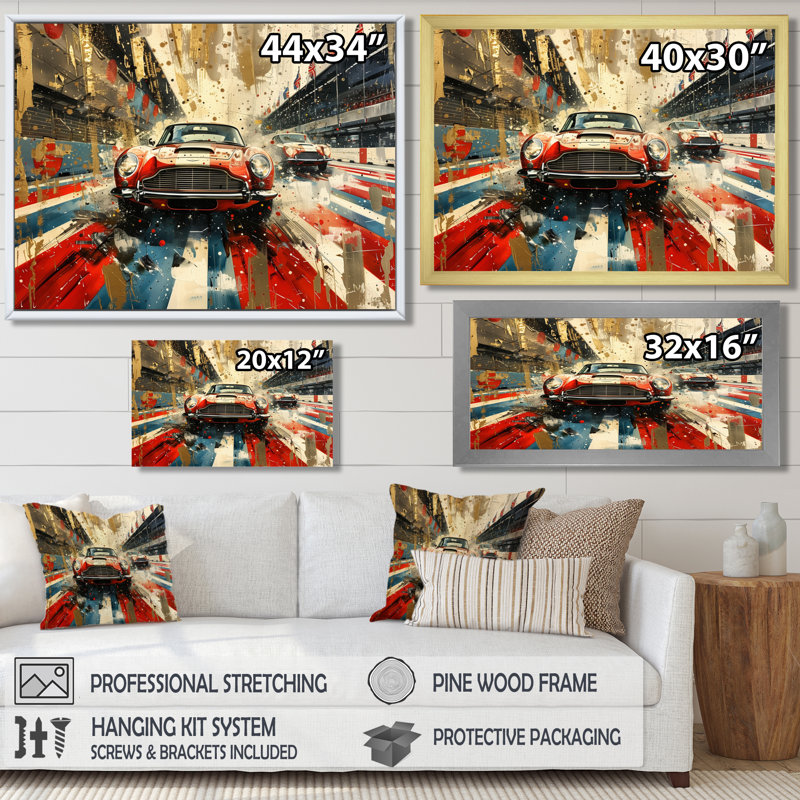 Couleur du drapeau américain d'une vieille voiture, Toile avec cadre flottant noir, H 16 po x l 32 po x P 1 po