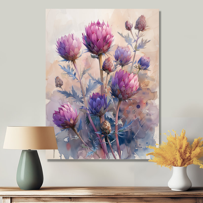 Matinée d'été, chardon mauve, fleurs - chardon, art mural, H 44 po x l 34 po x P 1,5 po, Toile tendue