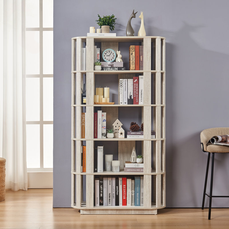 Bibliothèque ovale en bois ouverte à 5 niveaux avec assemblage facile, Light Gray
