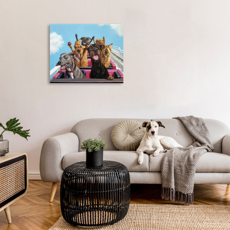 Dogs Riding Roller Coaster Funny Amusement Park, 24" H x 30" W