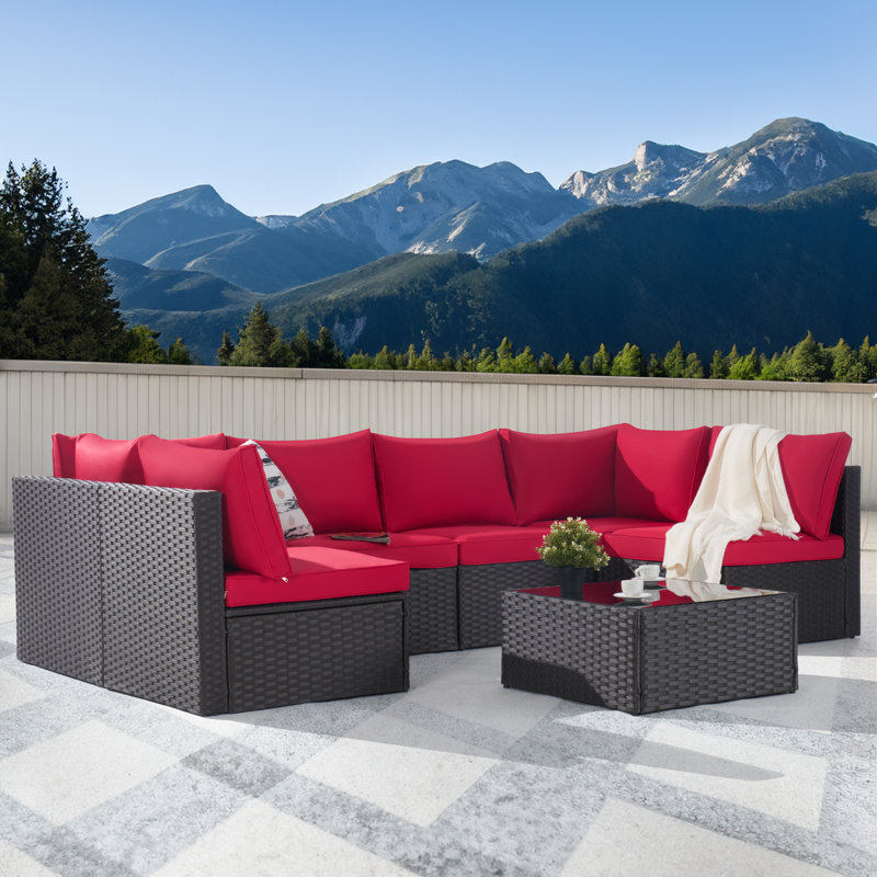 Wicker 6 - Person Patio Conversation Set with Cushions, Brown, Red