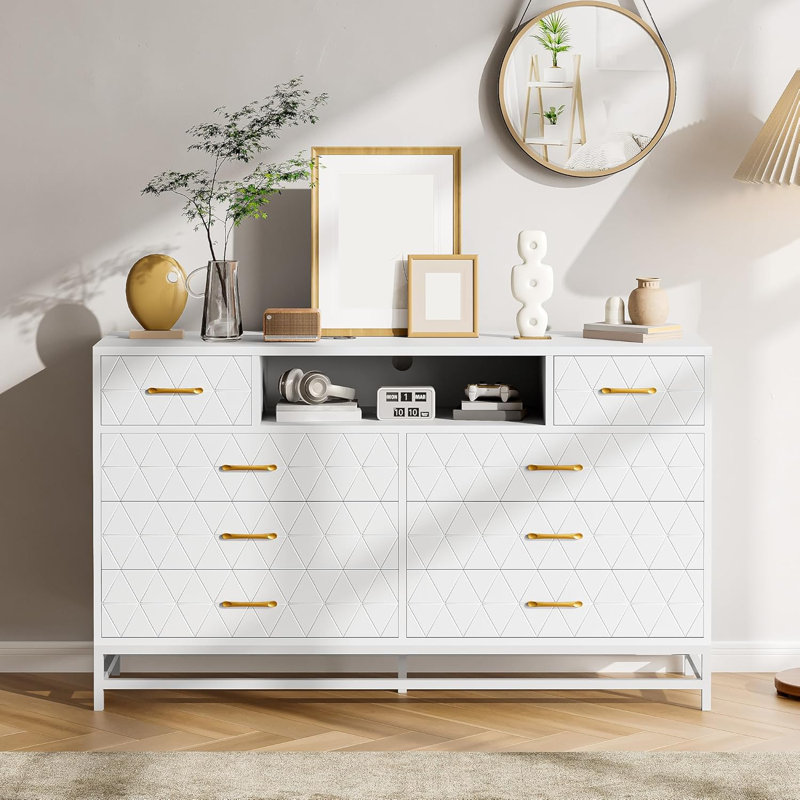 Commode 8 tiroirs à poignée dorée, meuble télé en bois massif à lumière DEL, Noir
