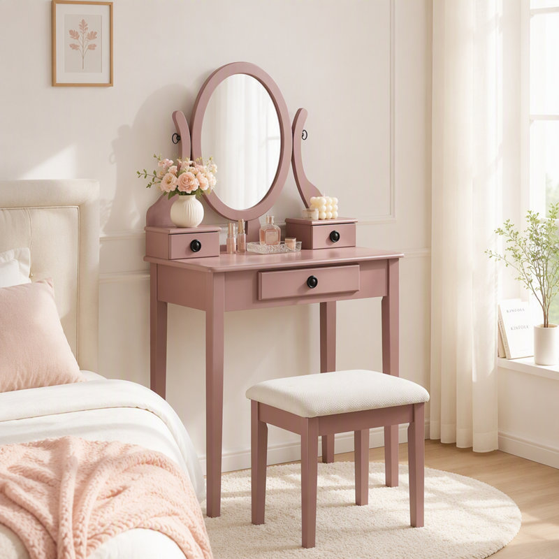 Ensemble de coiffeuse en bois avec table et tabouret, coiffeuse à 3 tiroirs et miroir ovale réglable, ensemble de coiffeuse complet