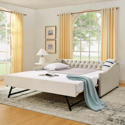 Full Size Daybed With USB Charging & Twin Pull-Out Extendable Bed, Button Tufted Back & Waved Copper Nail Arms