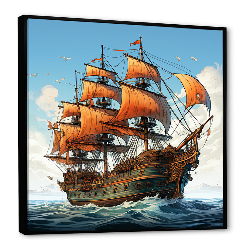 Dessin d'aventure, bateau pirate - Art mural, H 16 po x l 16 po x P 1 po, Cadre flottant noir