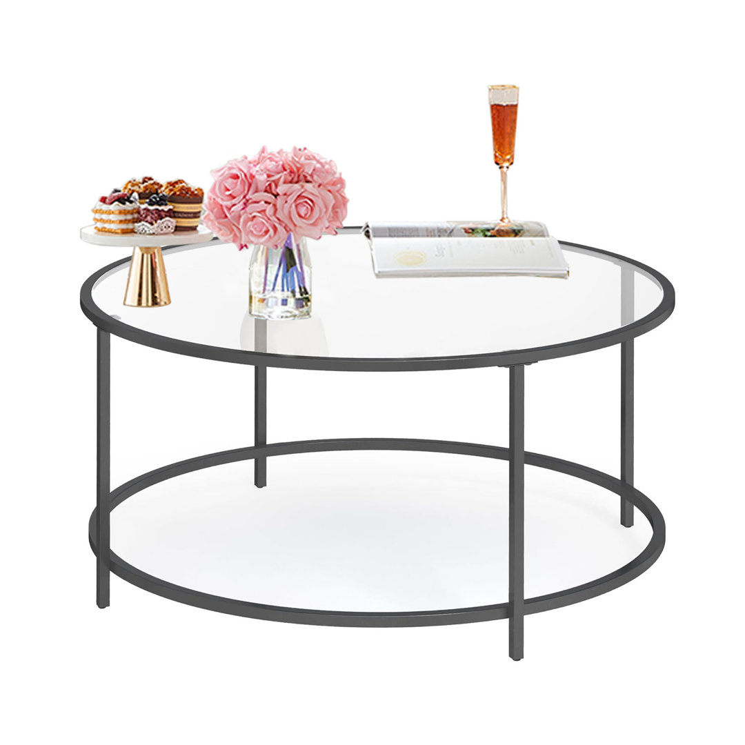 Round Coffee Table, Living Room Table, Glass Table with Steel Frame, Sofa Table, Tempered Glass, Black