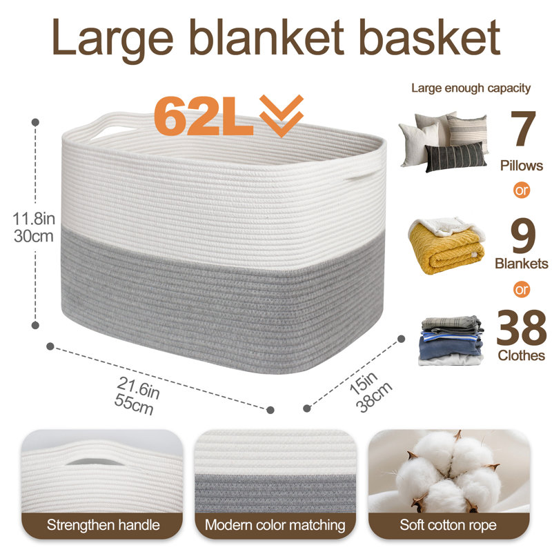 Ebern Designs 16" Tall Cotton Rope Storage Basket - 62L Large Woven Laundry Hamper for Blankets, Toys & Nursery, Foldable Decorative Bin with Reinforced Handles