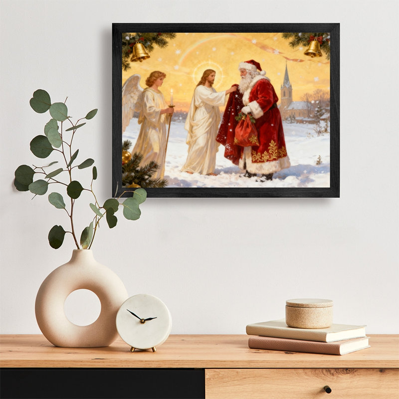 Art encadré noir, cadeau du père Noël donnant le comportement et rédempteur de Jésus, impressions sur toile de style rétro