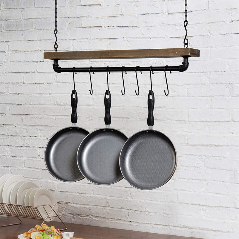 Metal/Wood Rectangle Hanging Pot Rack, Brown