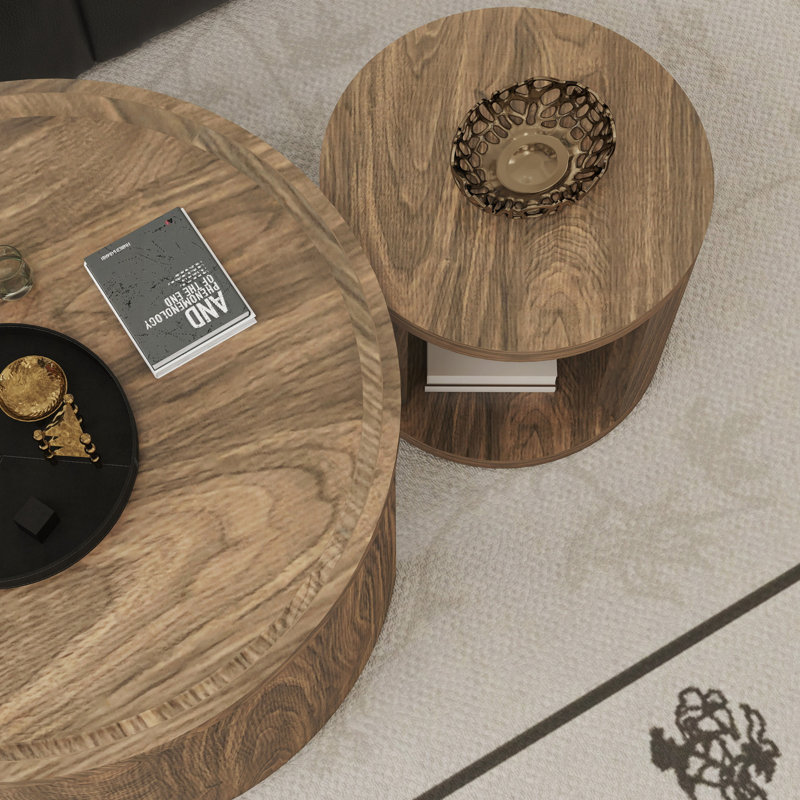 Ensemble de 2 tables basses rondes gigognes rondes, petite table d'appoint empilable de 18,5 po avec plateau en bois, table centrale minimaliste pour le salon et la chambre à coucher