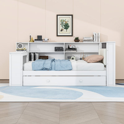 Twin Wooden Bed with Trundle and LED Headboard and Desk