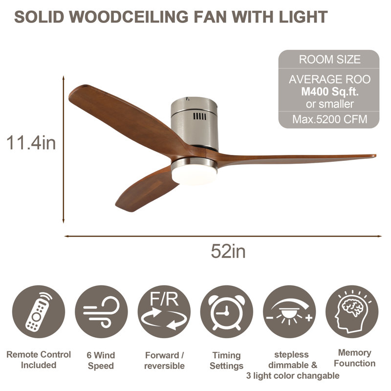 52 Inch Wood Low Profile Ceiling Fans With Lights And Remote, Modern Flush Mount Quiet Ceiling Fan For Bedroom, Reversible DC Motor For Living Room/Farmhouse/Patio/Indoor/Outdoor(Silver+Brown)