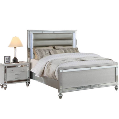 Eastern King Size Bed Frame With Faux Leather Headboard, Horizontal Tufting, Mirror Glass And Led Lights Featuring Panel, Leather, Tufting