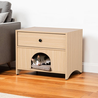 Table d'appoint de style Mid-Century moderne avec un coin pour animaux, un tiroir, bois d'ingénierie naturel, papier, l 22 po x P 16 po x H 18 po, assemblage rapide et installation facile