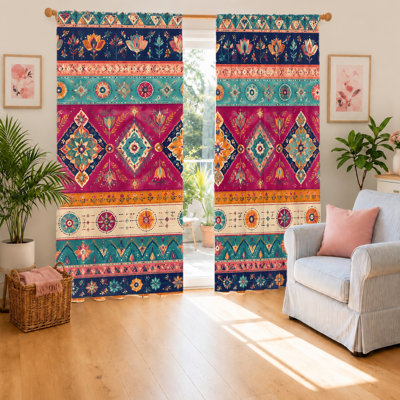 2Pcs Bohemian Style Curtains, Ethnic Tribal Pattern, Geometric Diamond & Floral Print, Light Filtering for Living Room, Bedroom, Balcony, Home Decor