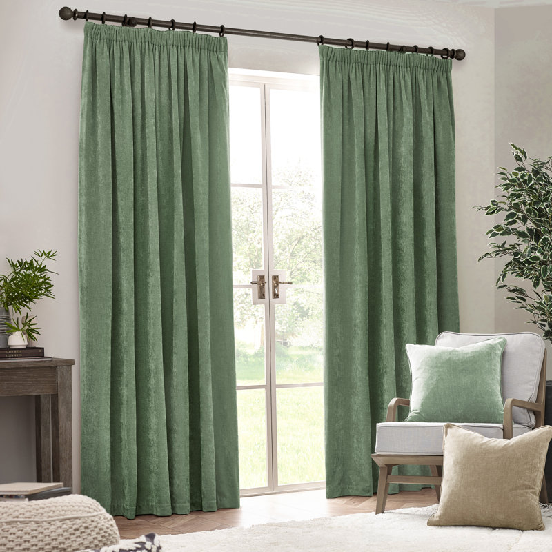 Heavy Chenille Room Darkening Pencil Pleat Curtains, 168 W x 183 D cm, Green