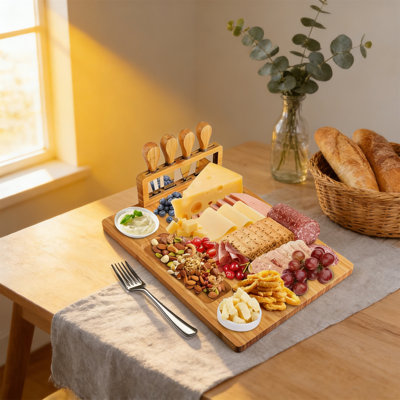 Bamboo Cheese Board Gift Set – Charcuterie Serving Tray With Cutlery For Entertaining