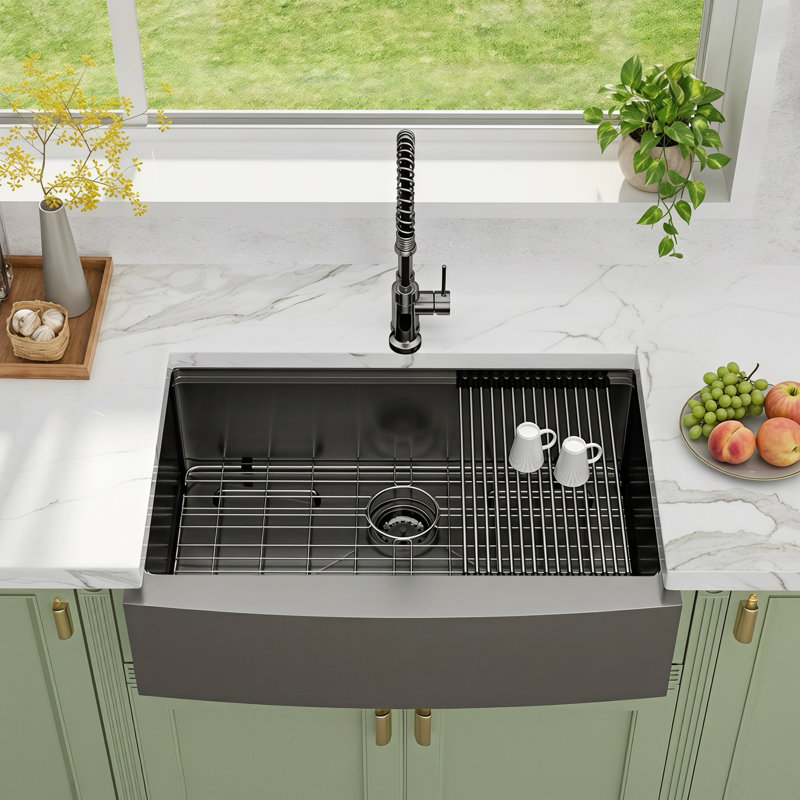 30" L x 22" W Farmhouse Workstation Kitchen Sink Gunmetal Black Stainless Steel Sink Single Bowl