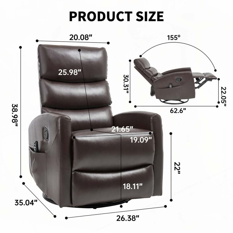 Heat Massage Manual Recliner Chair with Rocker and Swivel, Faux Leather, Brown, Manual - Handle / Lever