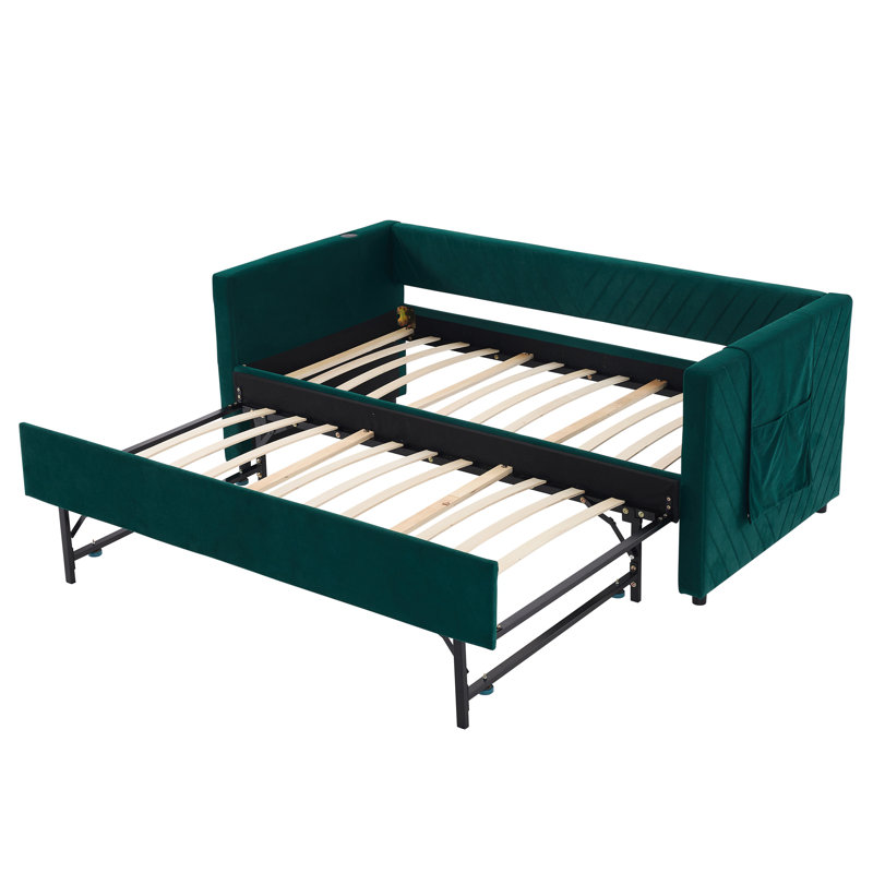 Upholstered Daybed with Trundle,USB Port ,Side Pockets, Modern V-grained backrest Design, Emerald