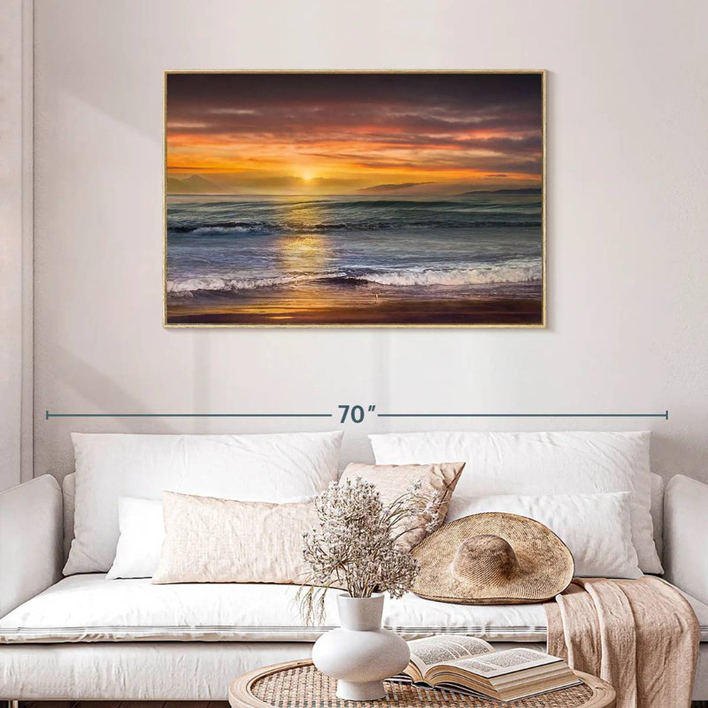 Le coucher du soleil sur la plage de Descanso, Cadre flottant en bois naturel, 43 po x 29 po