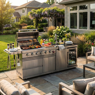 Cuisine d'extérieur 84 pouces à 5 brûleurs au gaz avec 75300, réfrigérateur à boissons encastré et commande à DEL rétro-éclairée pour tablette pliable pour îlot de barbecue, beaucoup de rangement