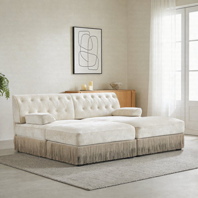 Velvet Chesterfield Sofa With 2 Ottoman, Button Tufted Modular Couch With Tassel Fringe Skirt, French Vintage Style Upholstered Sofa