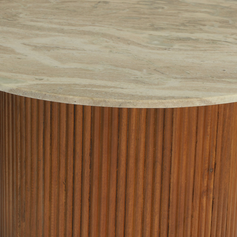 Elena Marble Top Coffee Table with Solid Wood Fluted Base, Beige/Brown