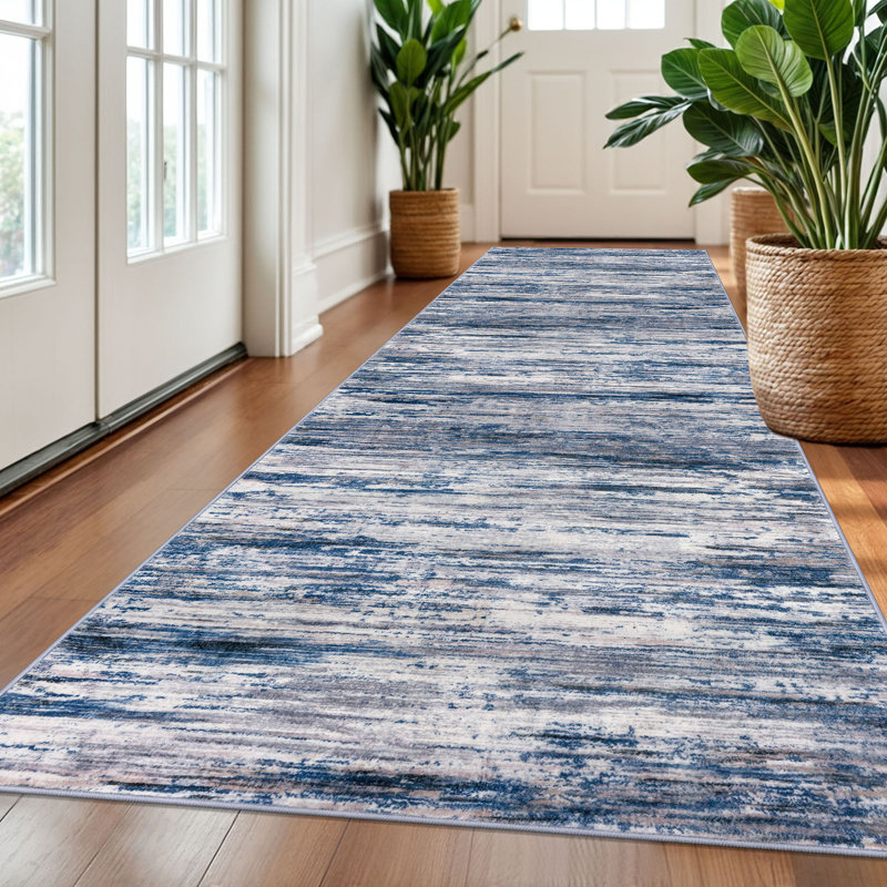 Tapis de couloir lavable 3 x 10 po Modern Modern, Tapis de couloir : 3 pi x 10 pi, Bleu marine / gris / neutre / multicolore