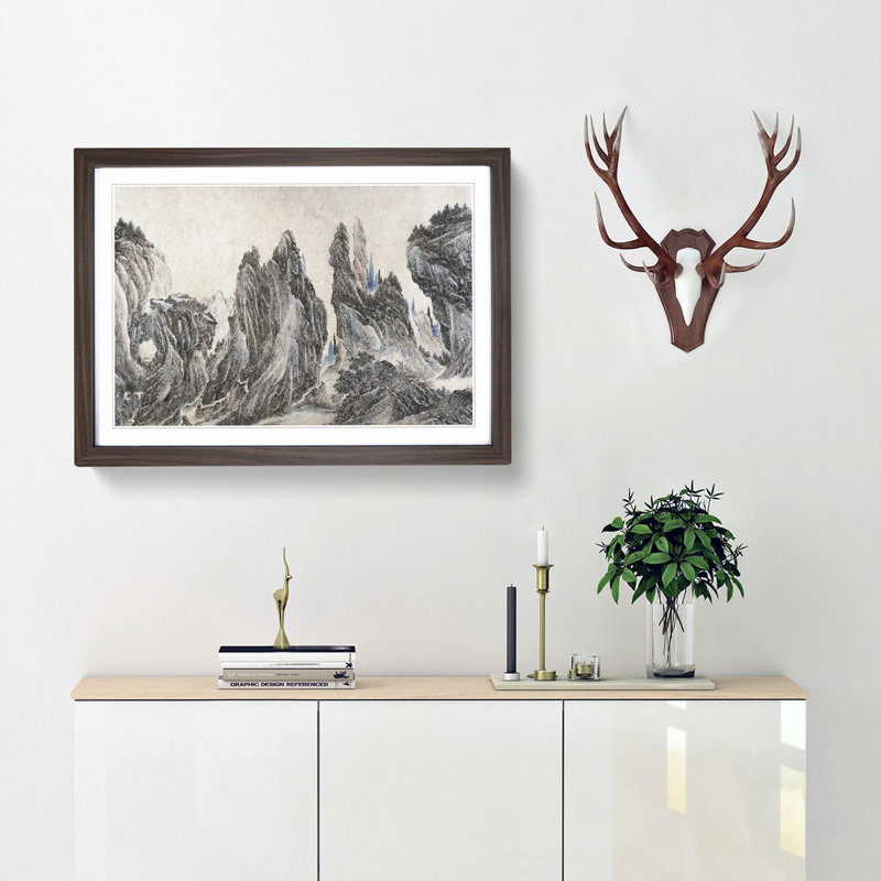 Mountain Landscape by Li Zai - Picture Frame Painting Print, Walnut Framed, 27cm H x 36cm W x 2cm D