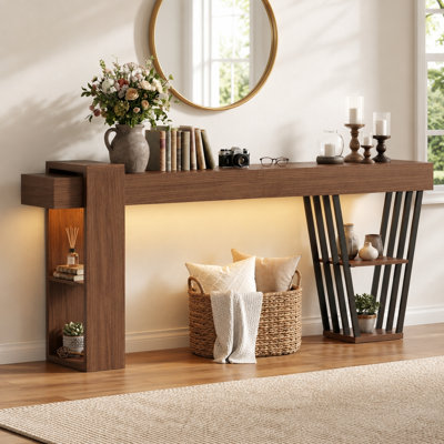 Console 70,9 po en noyer extra long avec éclairage DEL, entrée étroite et table de canapé